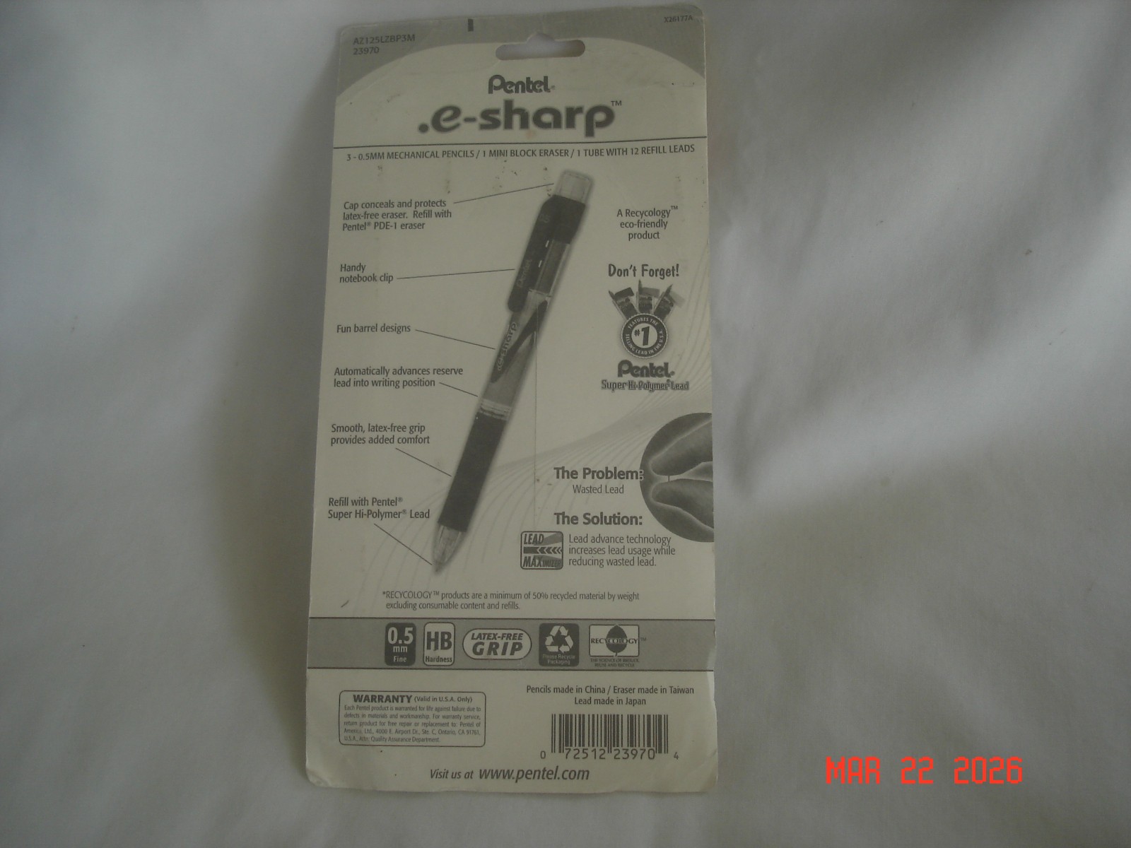 NEW in PKG. 3 PENTEL e-SHARP 0.5mm MECHANICAL PENCILS & TUBE 12 LEADS No ERASER