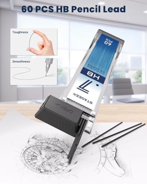 0.7 mm Mechanical Pencil, Metal Art & Drafting Pencil with Eraser and 60 Blue