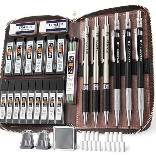 30-Count Mechanical Pencil Set with Leather Bag, 0.5/0.7/0.9MM + 2MM Sketch Penc