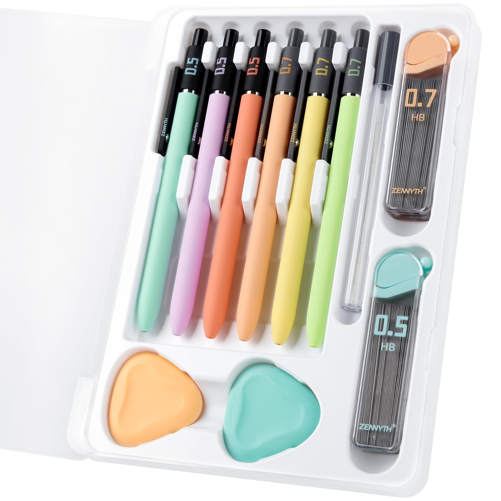 6 PCS Pastel Soft Grip Mechanical Pencil Set Case HB Lead Eraser 0.5/0.7mm