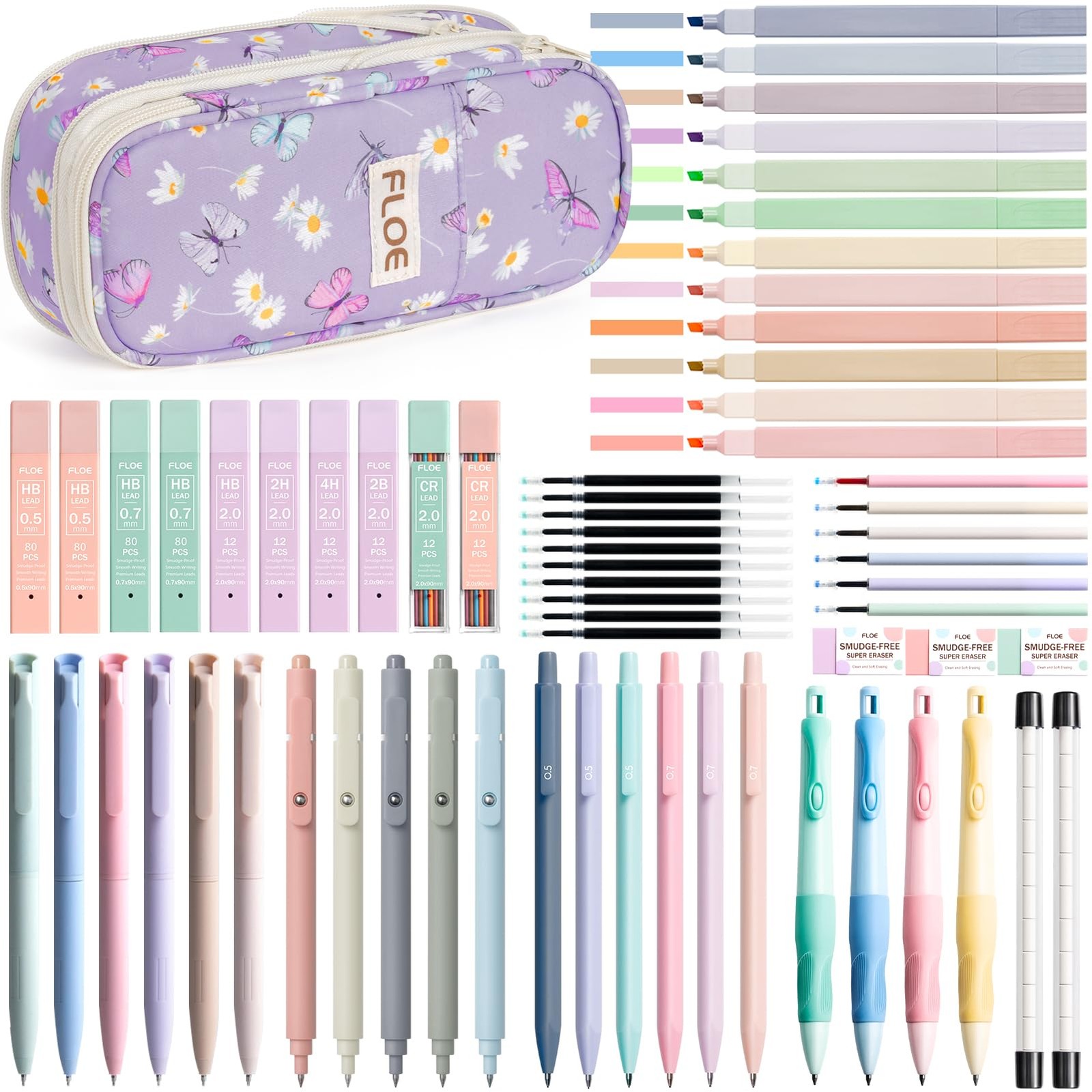 65 PCS Aesthetic School Supplies Kit Cute Pencil Case Highlighters Pens Set