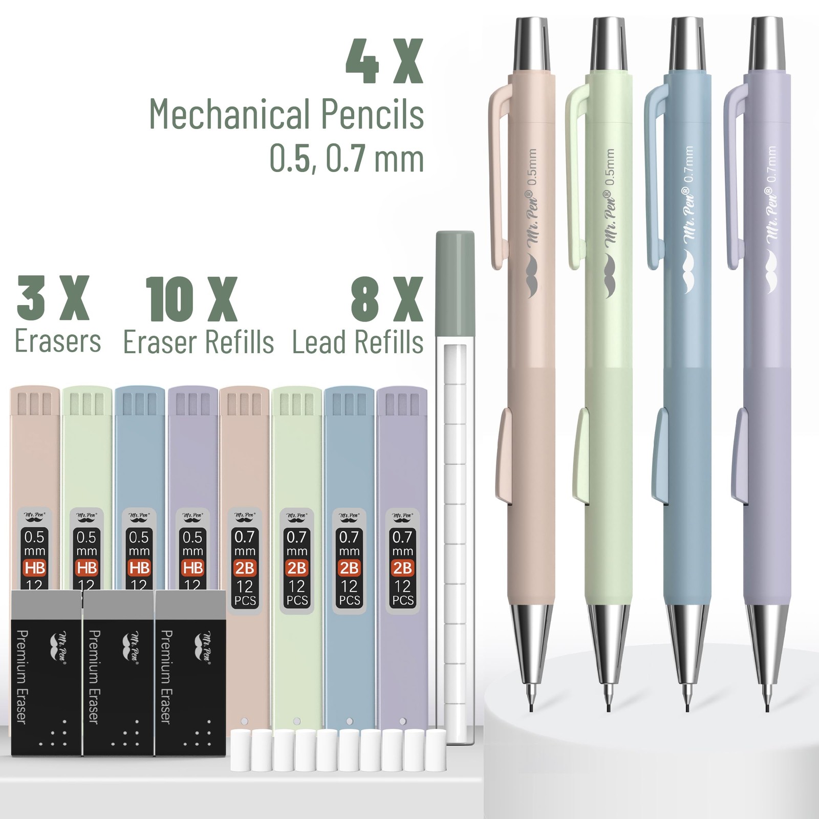 Mr. Pen- Pastel Mechanical Pencil Set, 4 Pack, 2 Sizes, 0.5 & 0.7mm,