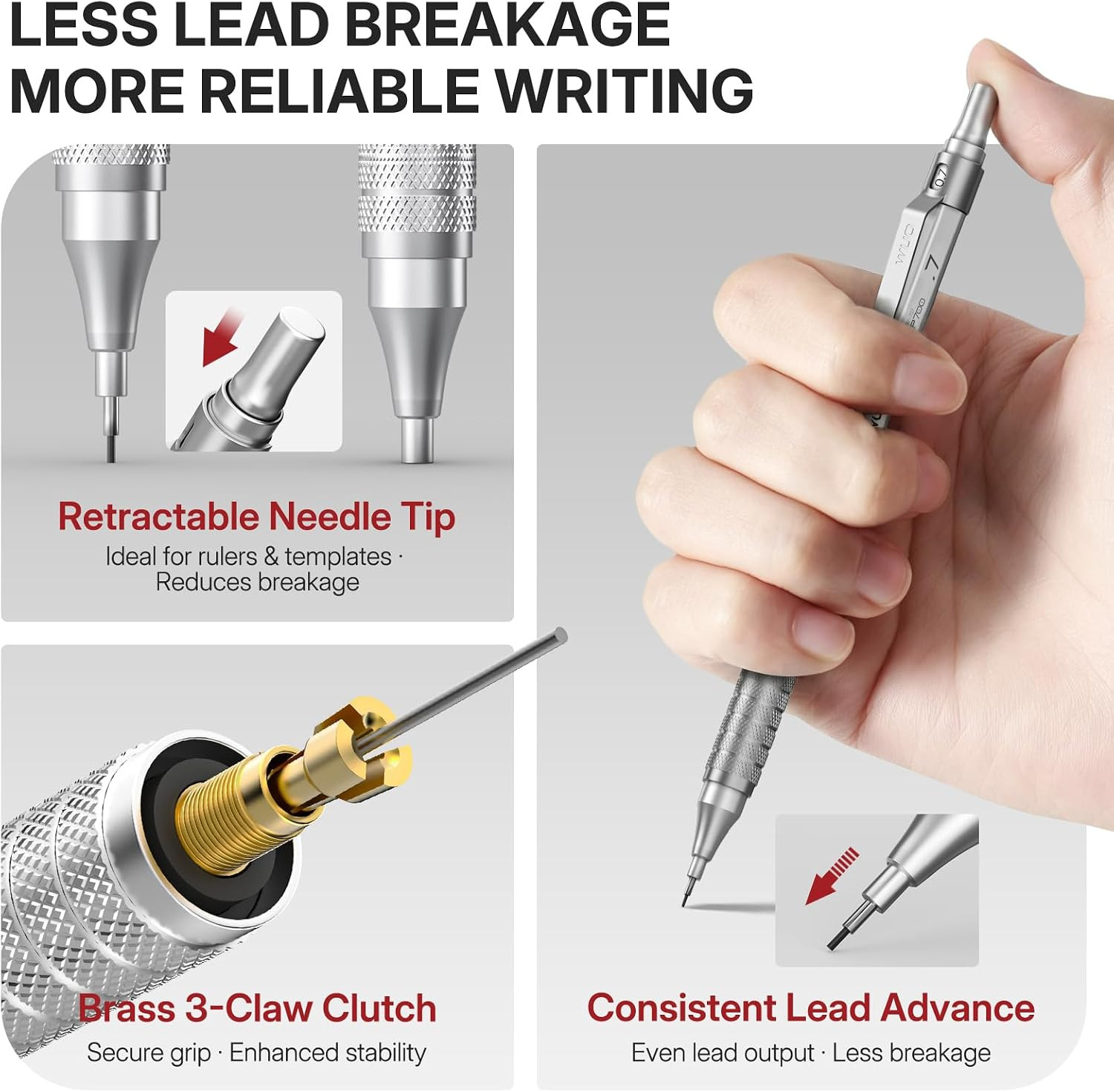 Mechanical Pencils 0.7Mm, 3 Silver Metal Drafting Pencils with 480 HB Lead Refil