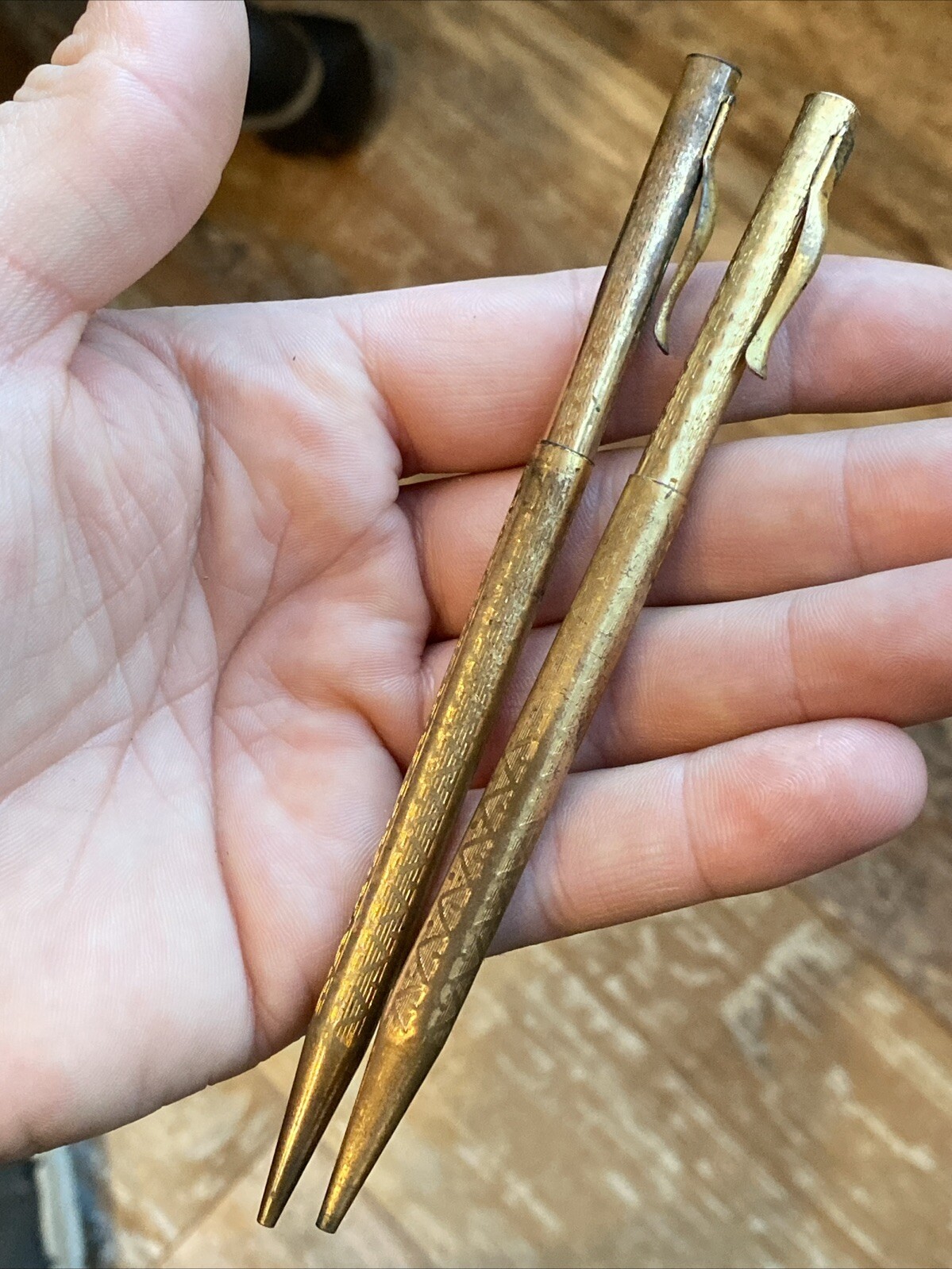 2 Early Telescoping Collapsible Fancy Gold Filled Mechanical Pocket Pencil AS IS