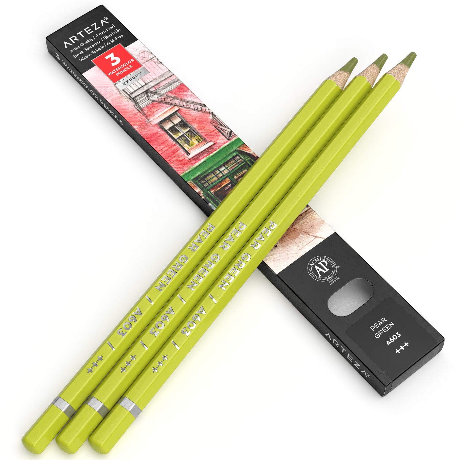 Arteza Professional Watercolor Pencils, 1 Count (Pack of 3), A603 Pear Green