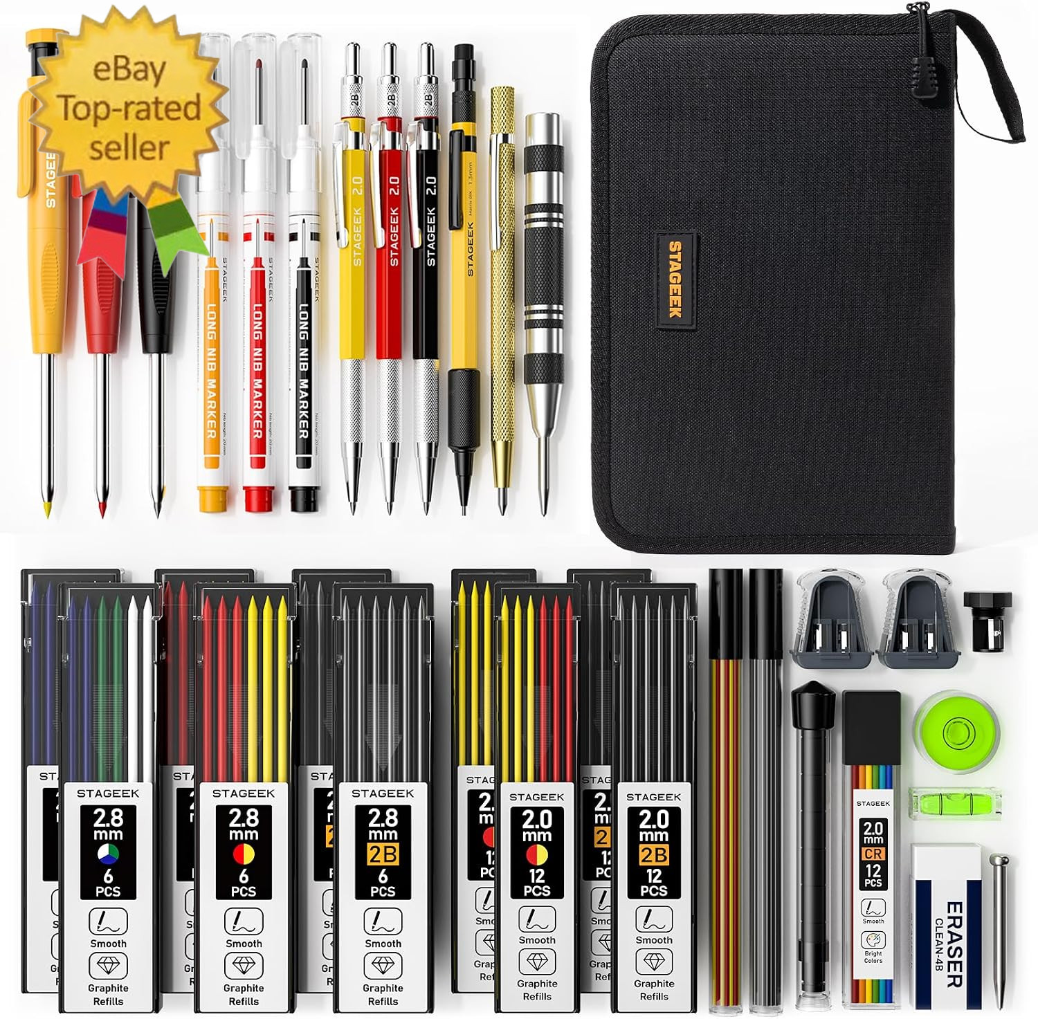 34PCS Carpenter Pencils with Sharpener, Mechanical Pencil Set with Deep Hole Lon