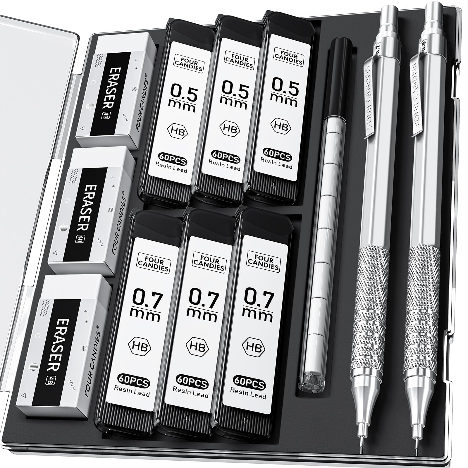 2Pcs Metal Mechanical Pencils Set Case 0.5mm 0.7mm 360Pcs HB Leads Erasers