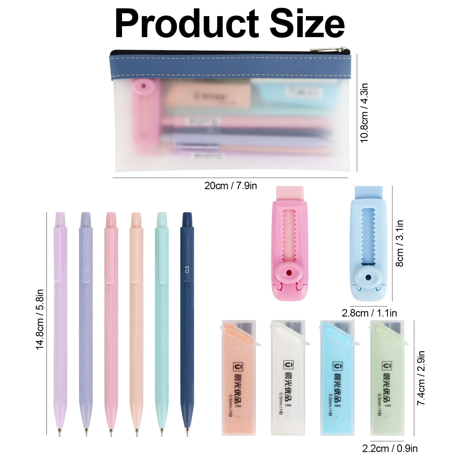 6 PCS 0.5mm Cute Pastel Mechanical Pencils Set with Lead Refills Eraser