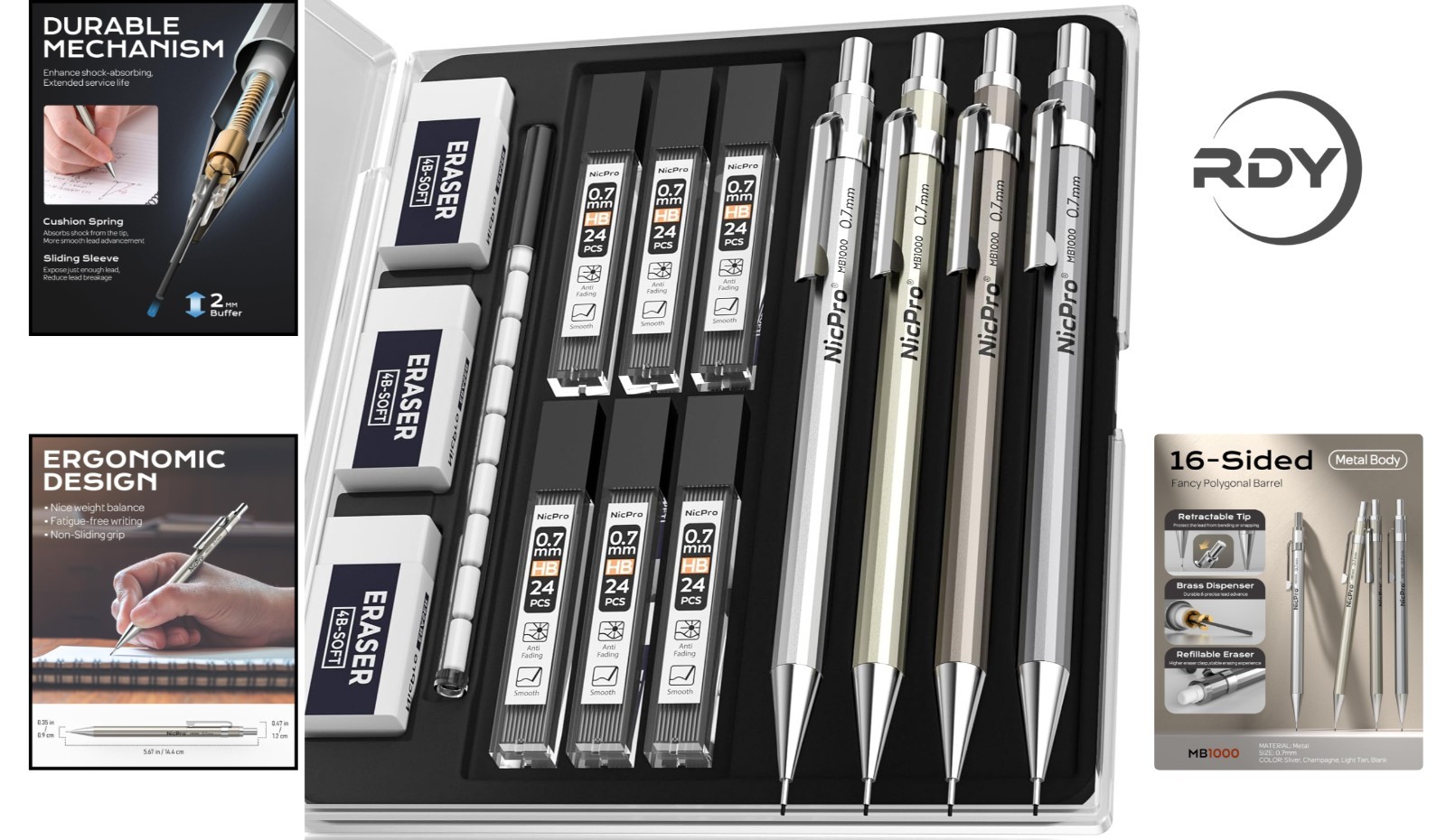 Professional 4 Pack Mechanical Pencils 0.7mm – Ideal for Drafting & Sketching