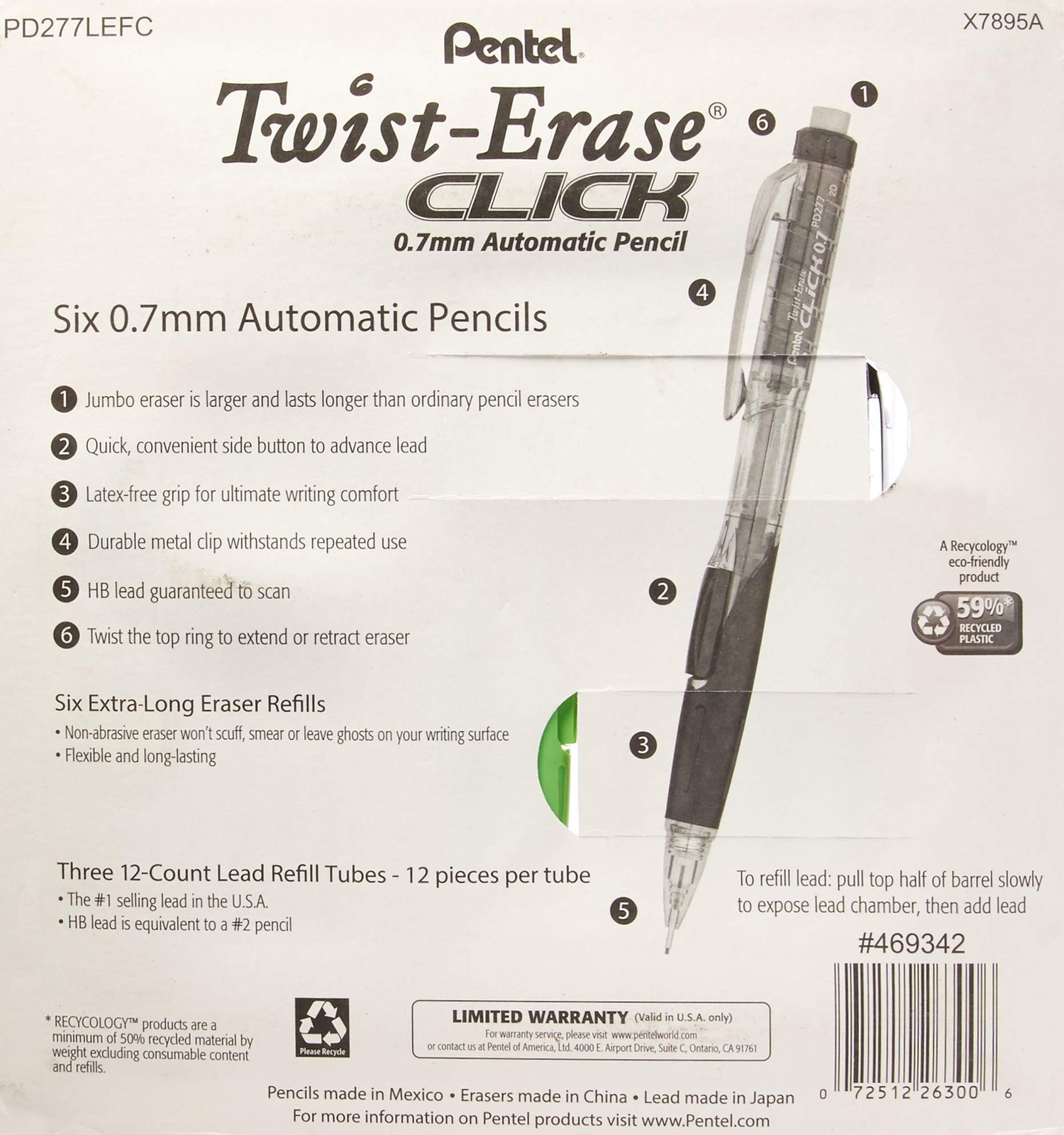 Pentel Twist-Erase Click Mechanical Pencils 0.7mm, 15 Piece Set, multi-color
