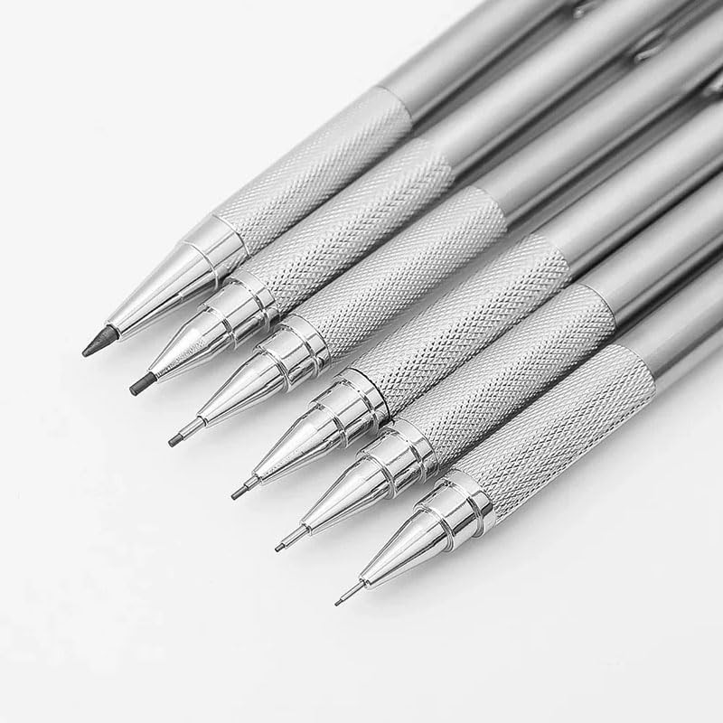 Silver Metal Mechanical Pencil Set, 2 Pencils + 2 Lead Refills + 2 Erasers, Mult