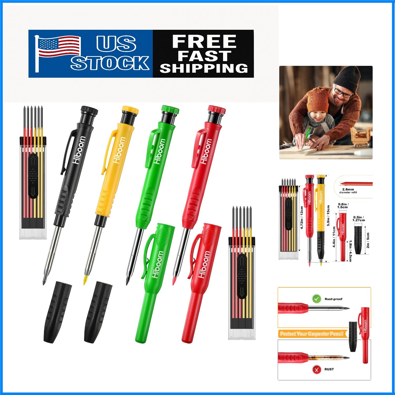 Hiboom 4 Pack Carpenter Pencils with Sharpener, Mechanical Pencil Colorful