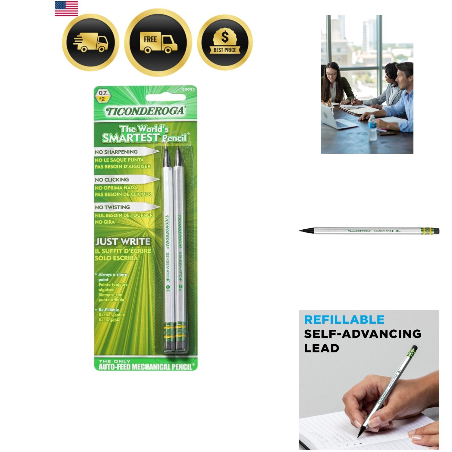 Sensematic Mechanical Pencil, 0.7mm Lead, Silver, 2 Count