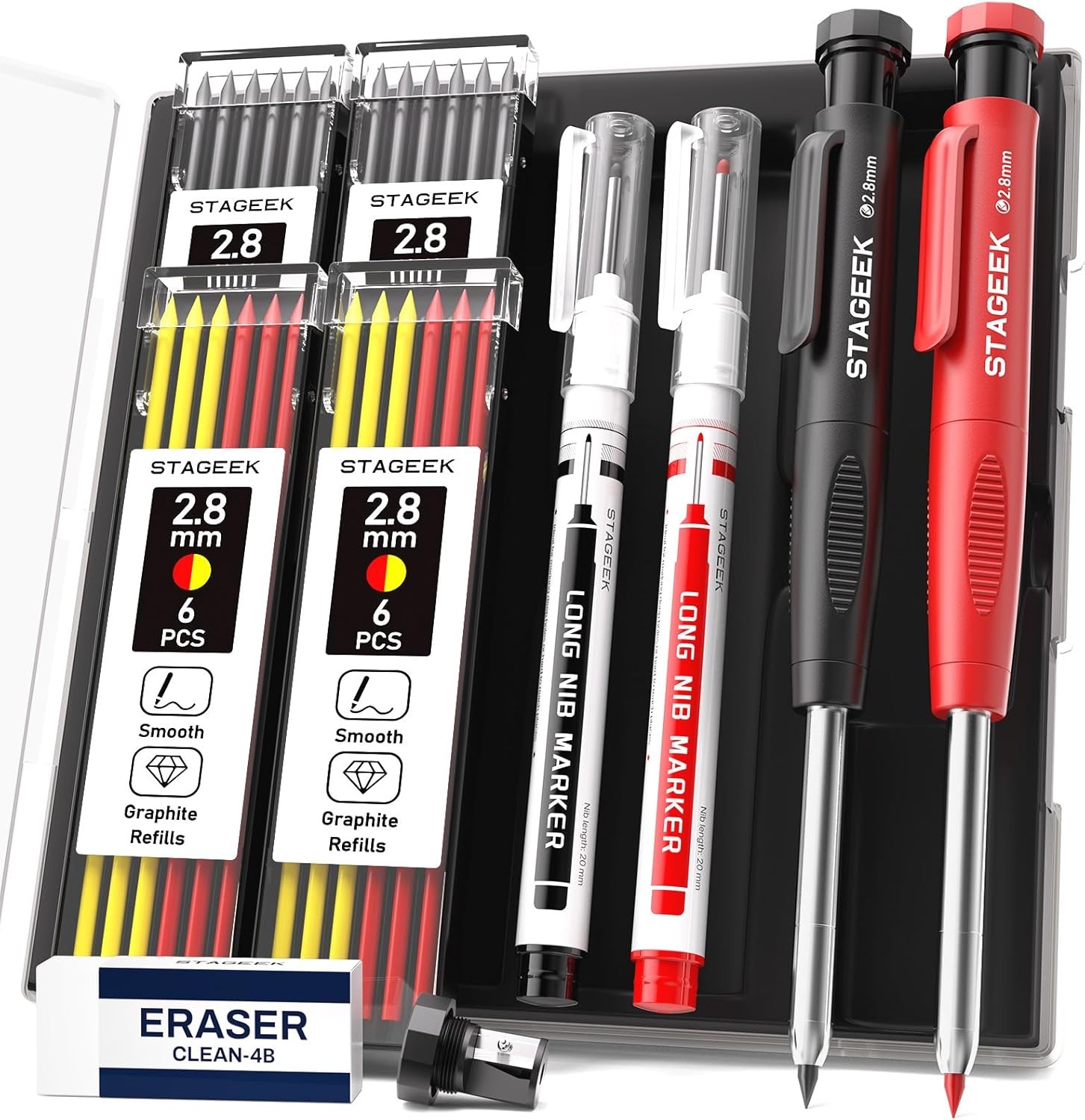 2Pack Carpenter Pencil with Sharpener, Mechanical Carpenter Pencils with 26 Refi