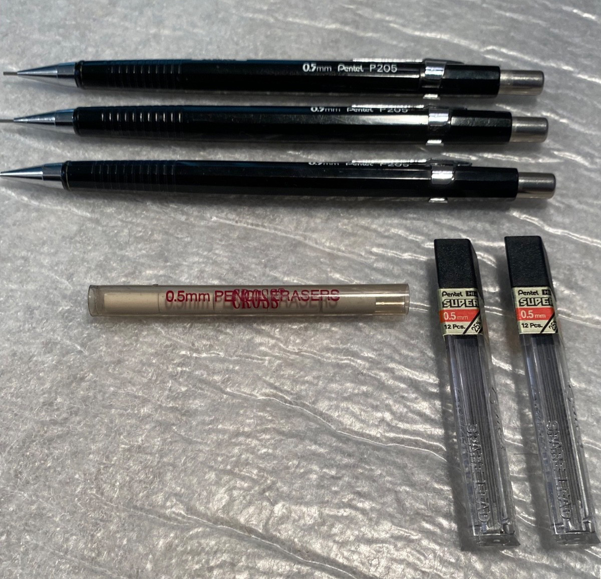 (3) Vtg Pentel MECHANICAL PENCILS P205 Black 0.5mm Body Pocket Clip Japan FREESH