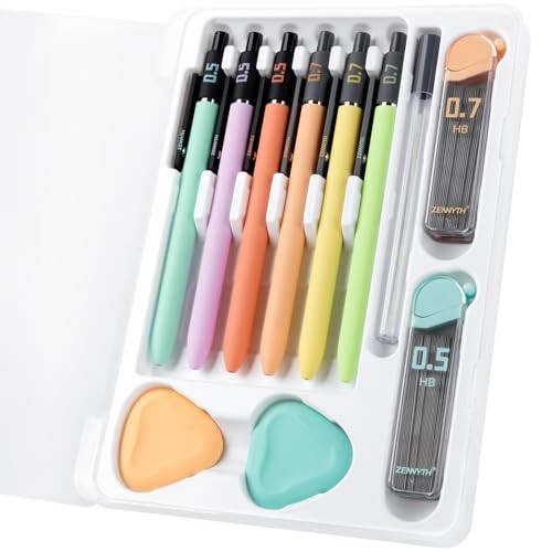 Pastel Mechanical Pencil Set, 6 Pack with Case, 0.5mm & 0.7mm | 0.5mm+0.7mm