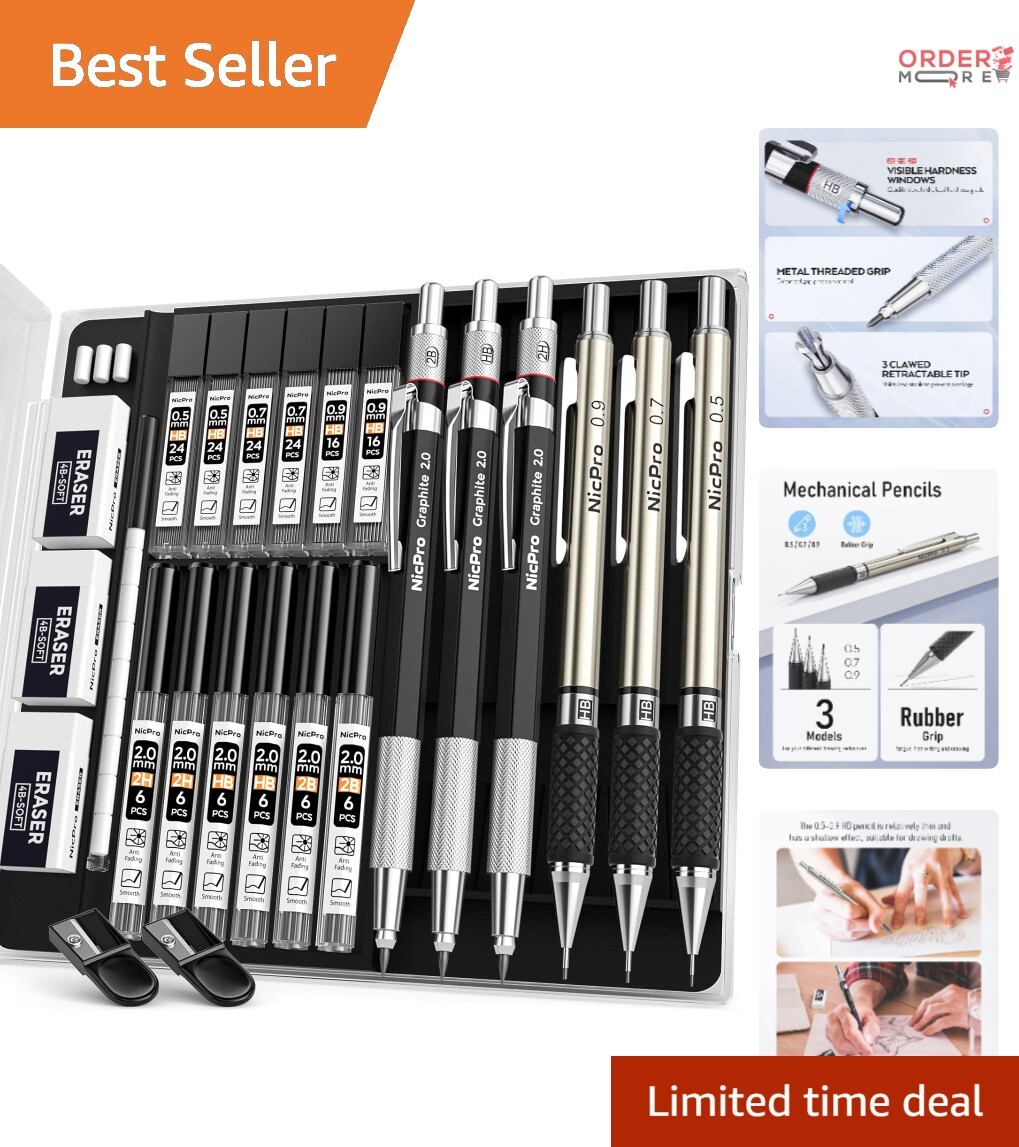 6PCS Metal Mechanical Pencil Set 0.5mm 0.7mm 2mm Ergonomic Writing Drawing