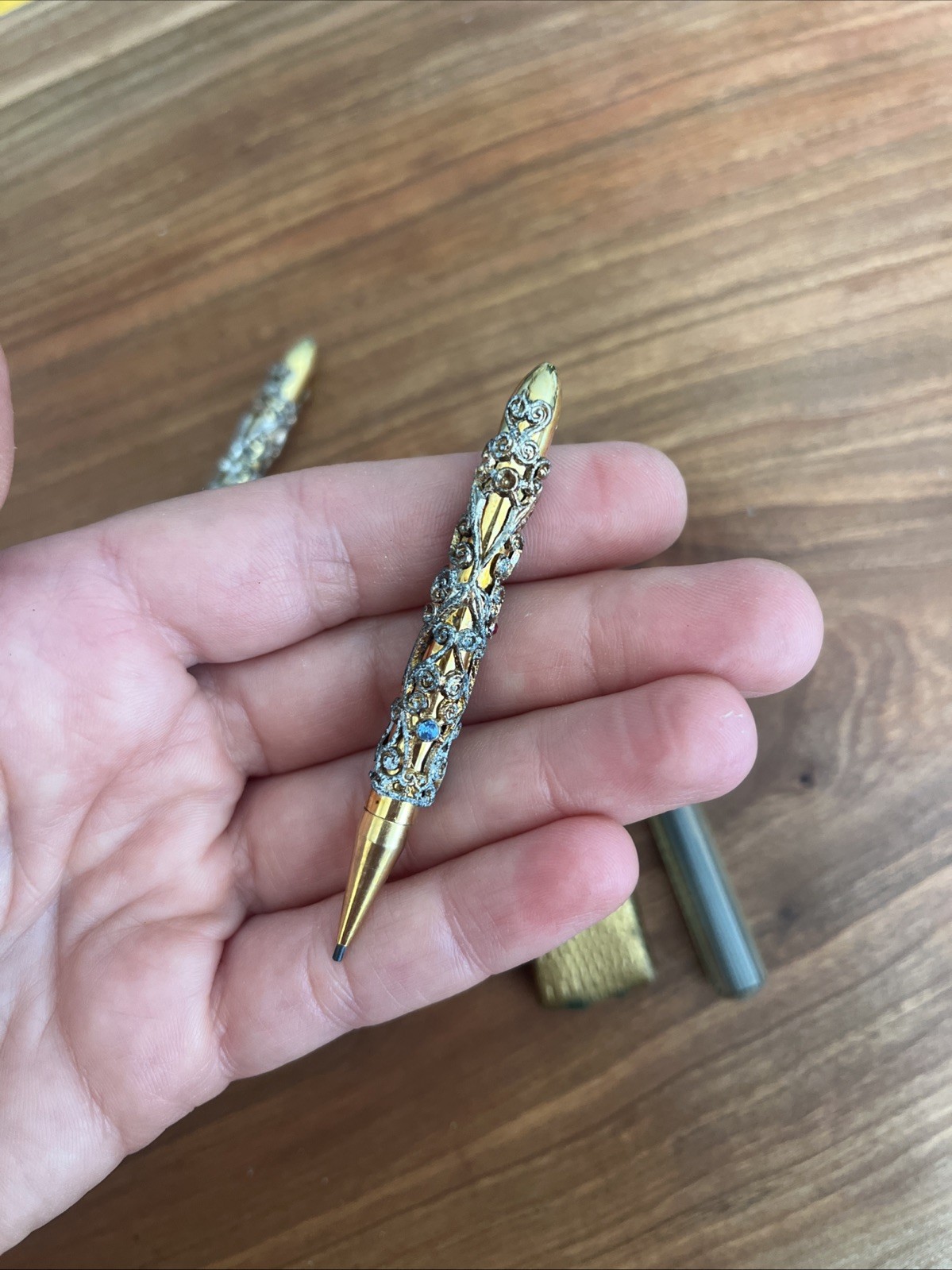 Vintage Ornate Gold Tone Mini Mechanical Pencil & Pen Set w/Gem Accents 1960s
