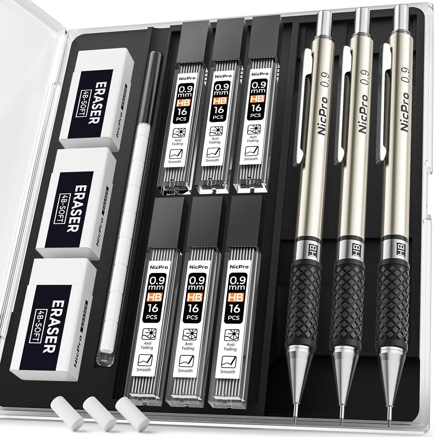 Ergonomic 0.9mm Metal Mechanical Pencil Set with Lead Refills and Storage Case