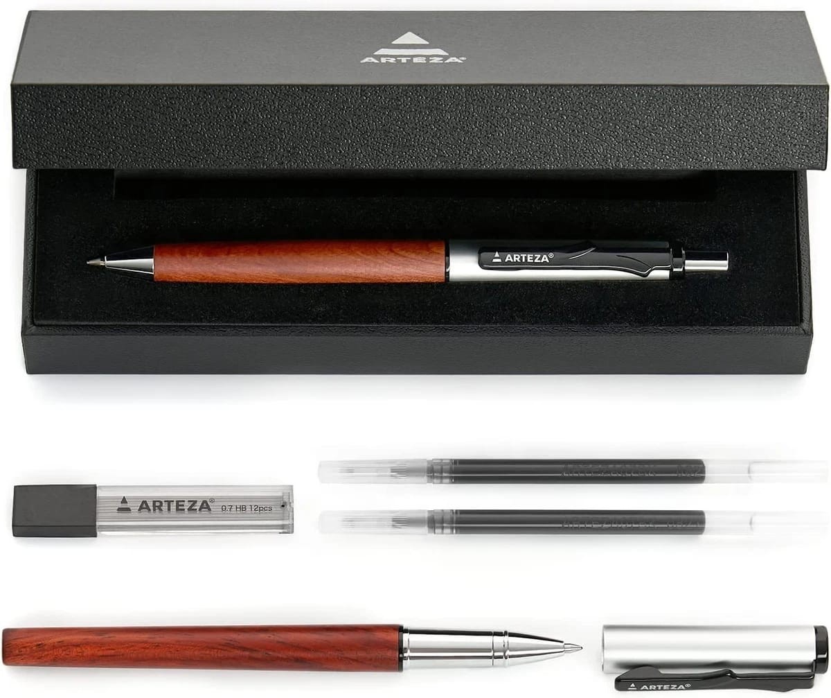 ARTEZA Walnut Gel Ink Pen and Mechanical Pencil 2pc Pen Pencil 14 Refills Set