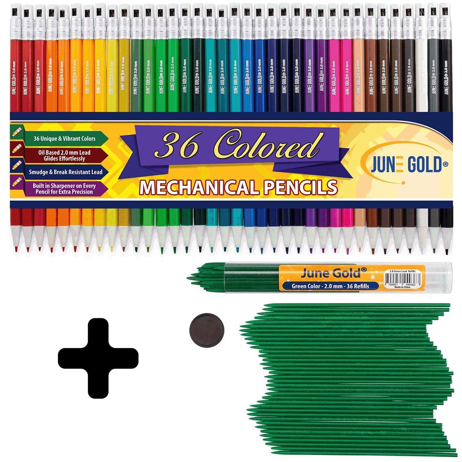 36 Green Lead Refills & 36 Assorted 2.0mm Mechanical Pencils – 36 Unique Colors