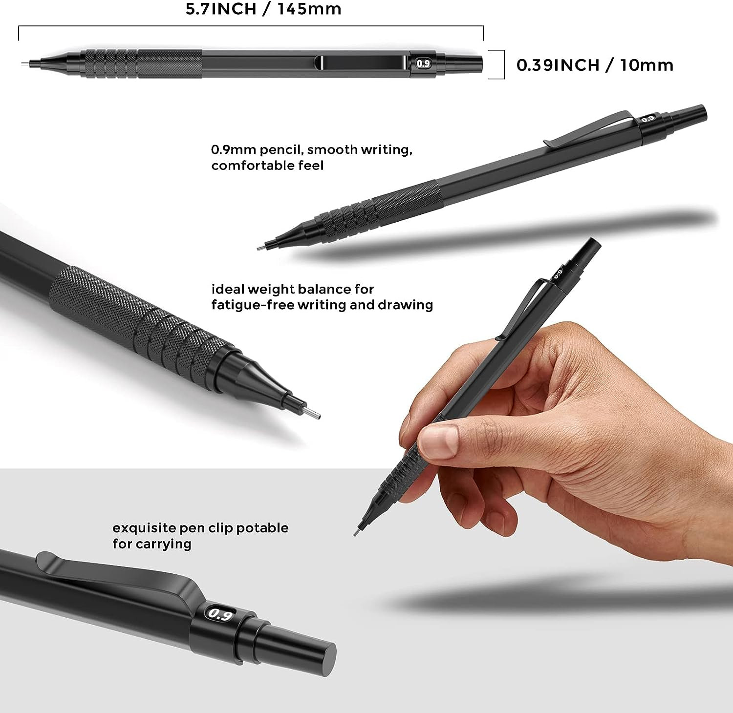 Nicpro Metal 0.9 mm Mechanical Pencils Set with Case 3PCS Black 0.9mm Drafting
