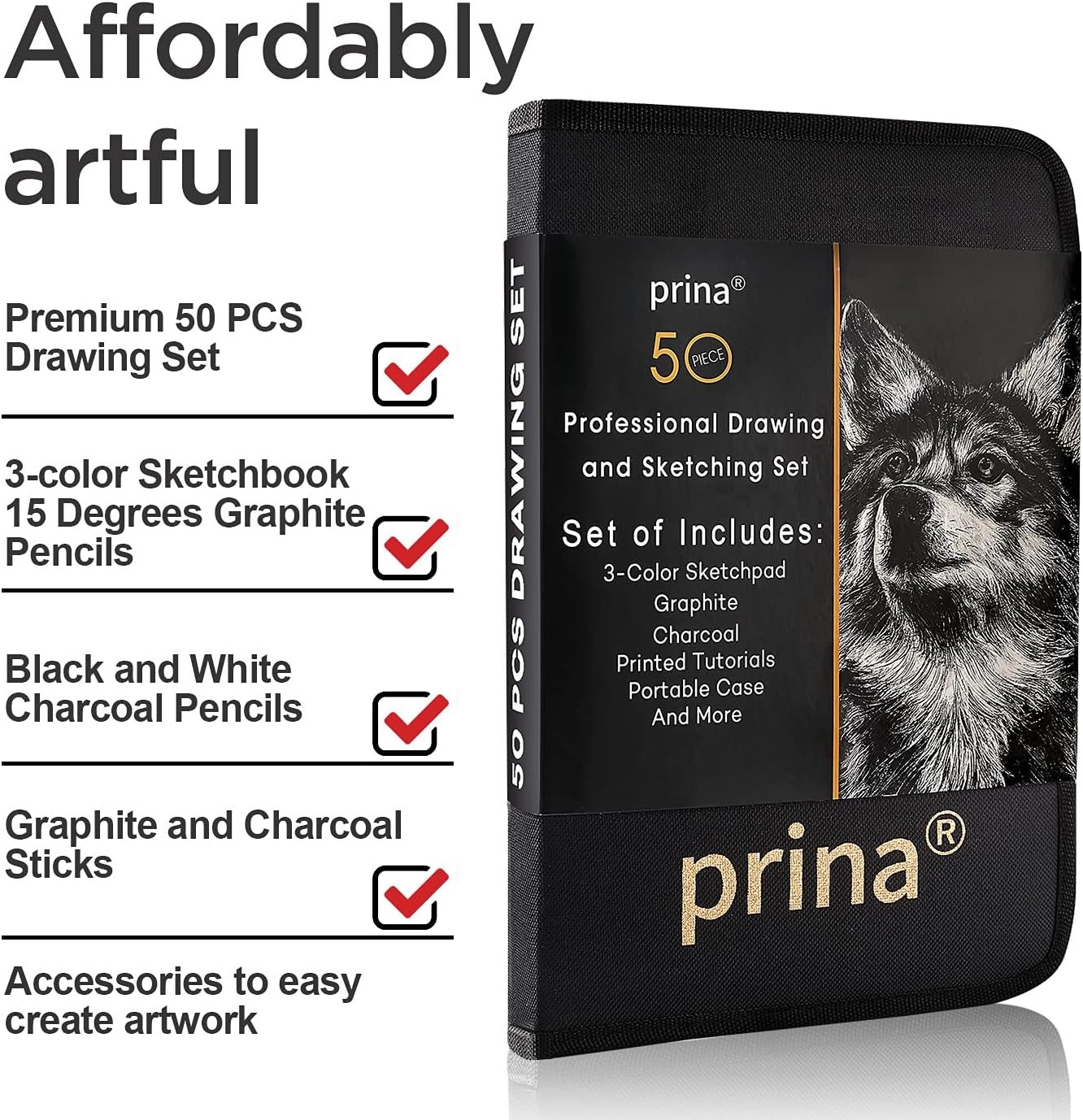 Prina 50 Pack Drawing Set Sketch Kit, Sketching 49 Piece Set, Multicolor