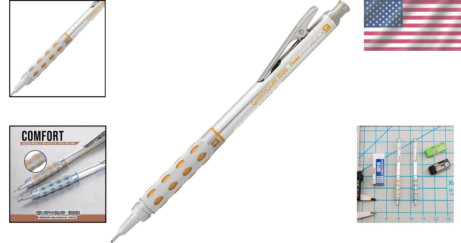 Stylish GraphGear1000 0.9mm Graphite Pencil with Knurled Grip and Yellow Accents