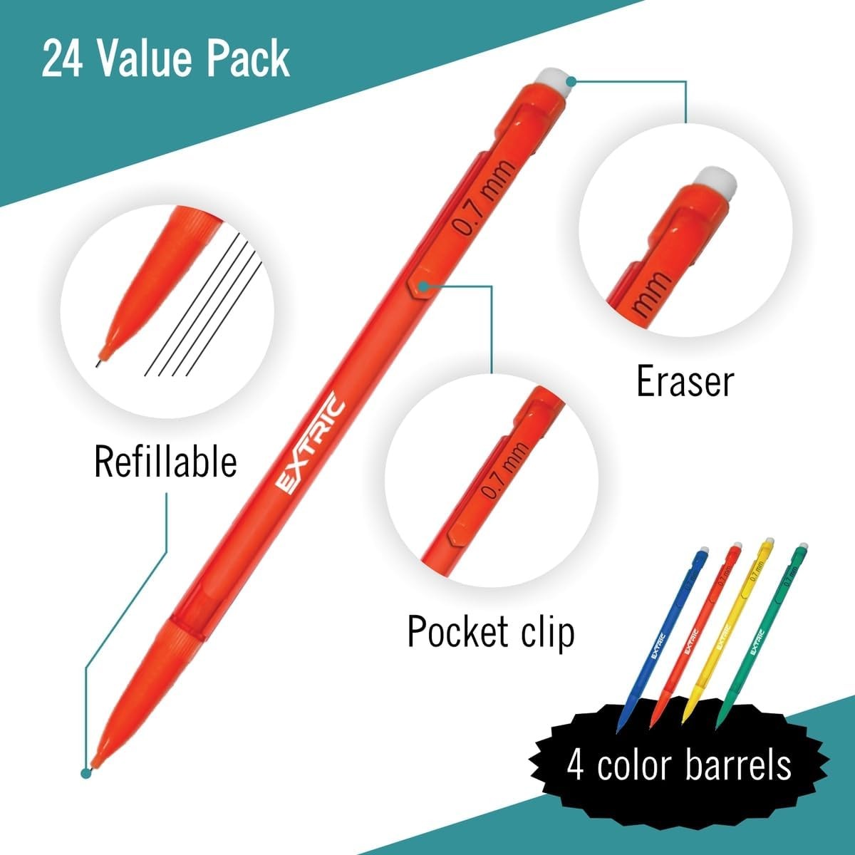 EXTRIC Mechanical Pencils 0.7 mm with 24 Count (Pack of 1), Multicolor