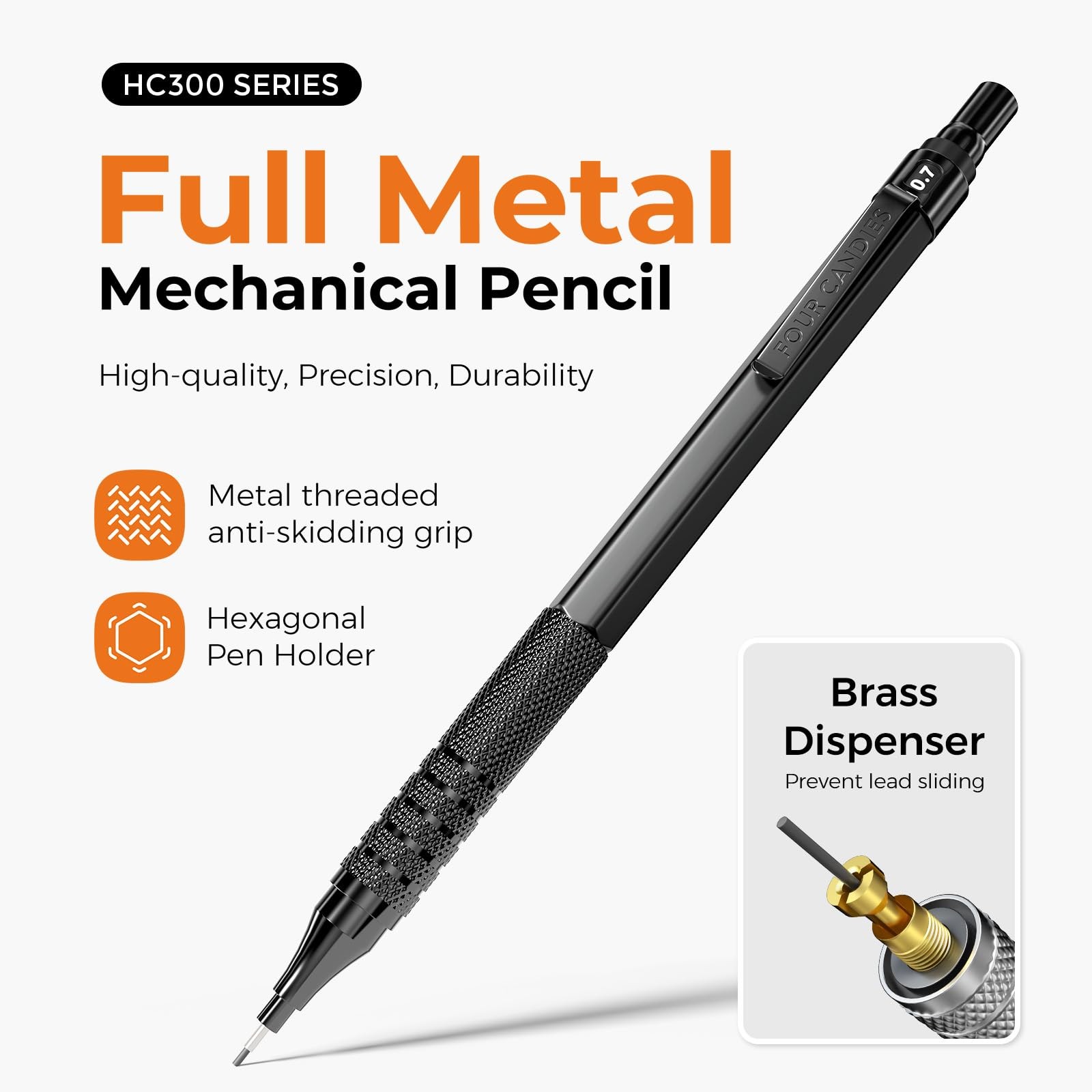 Four Candies Metal Mechanical Pencil Set, 3PCS Art Drafting Pencils Black