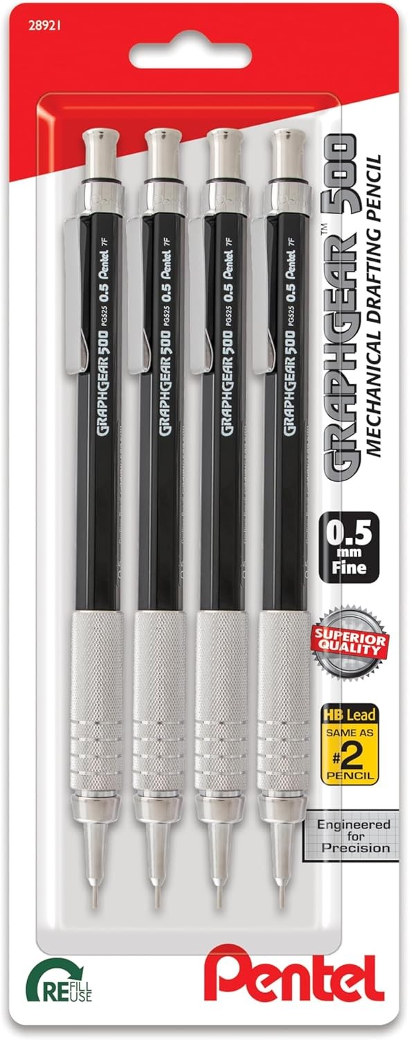 Pentel GraphGear 500 Mechanical Drafting Pencil, 4 Count (Pack of 1), Black