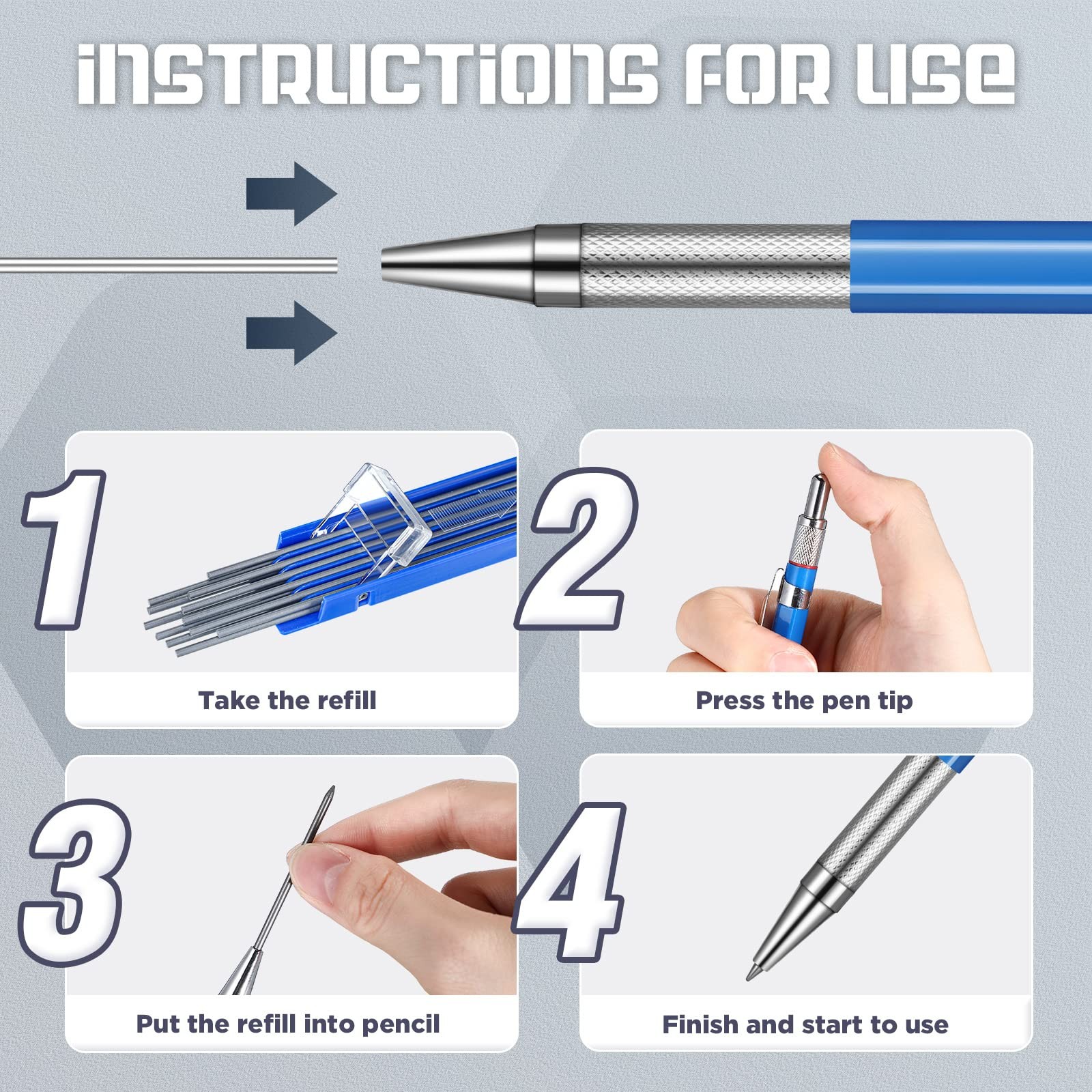 8 Pcs Welders Pencil with 96 Pcs 2 mm Silver Round Refills Construction Mecha…