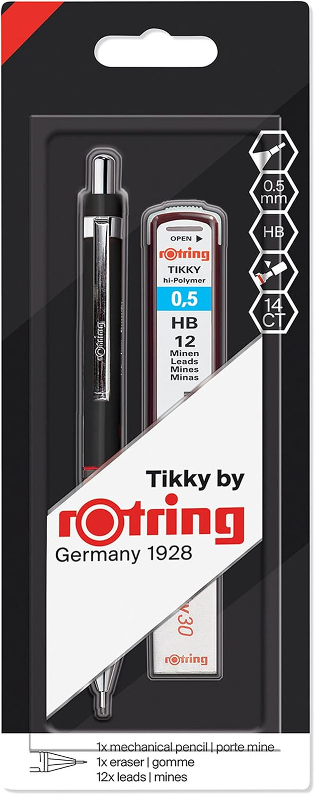Tikky Mechanical Pencil Set, HB 0.5 Mm, Black Barrel, Includes 12 Leads