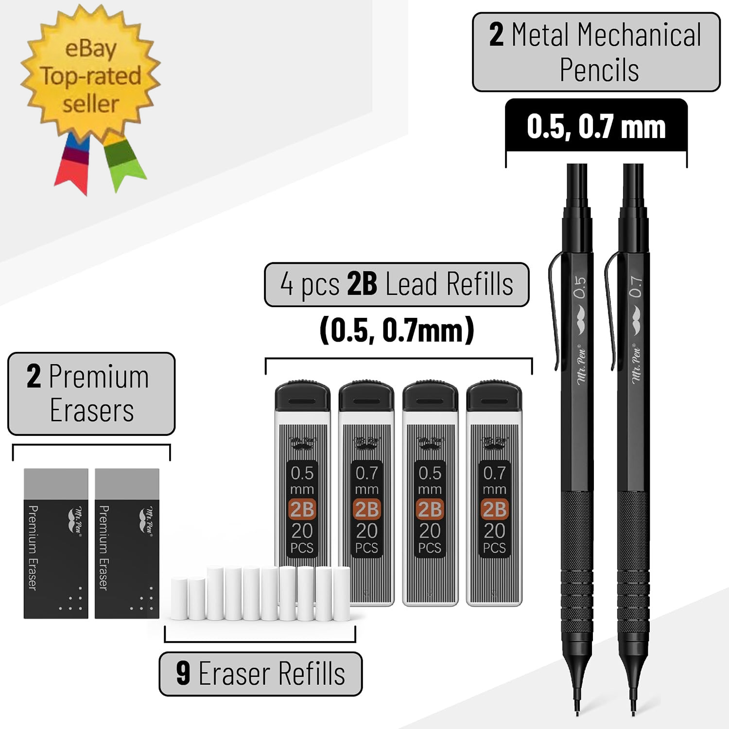 – Metal Mechanical Pencil Set with Lead Refills & Erasers, 2 Pack | 2 Sizes, 0.5