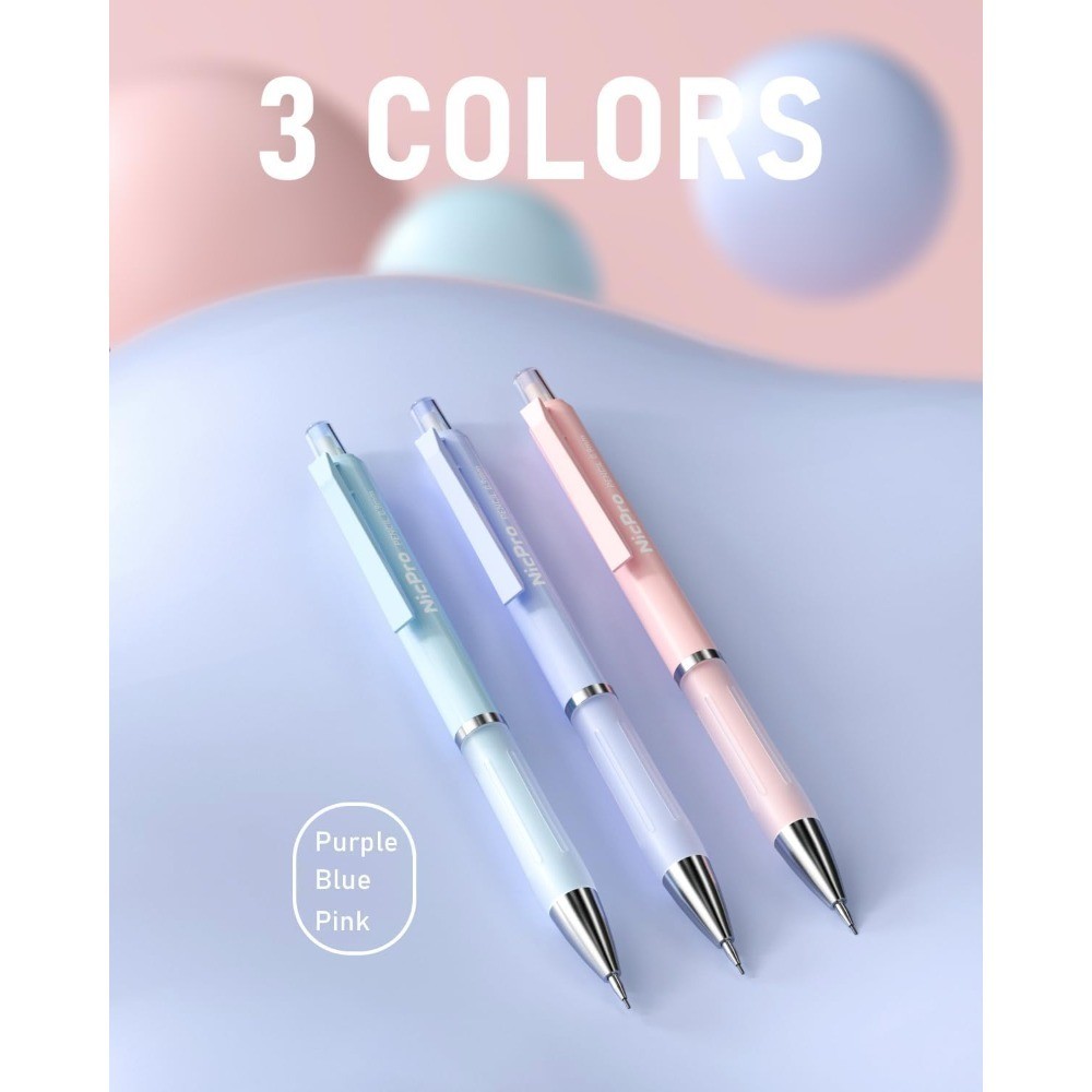 Pastel Mechanical Pencil Set 0.9mm, 3 Pencils with HB Lead Refills, 3 Erasers