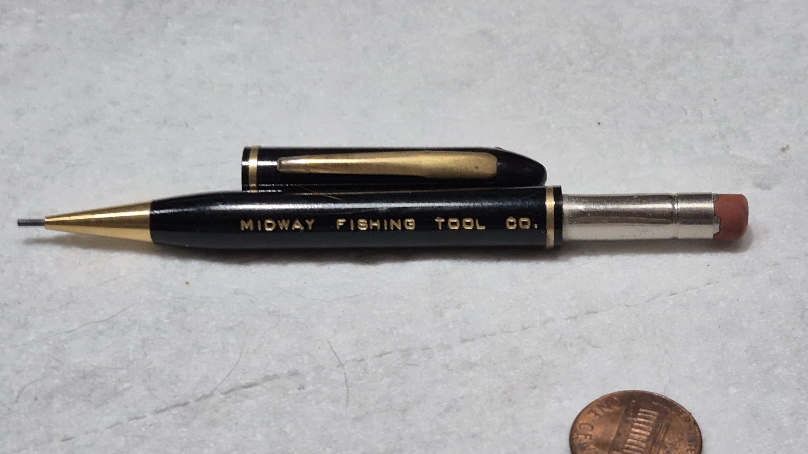 “Midway Fishing Tool Co.” Black/Polished Brass Trim Working Mech Pencil