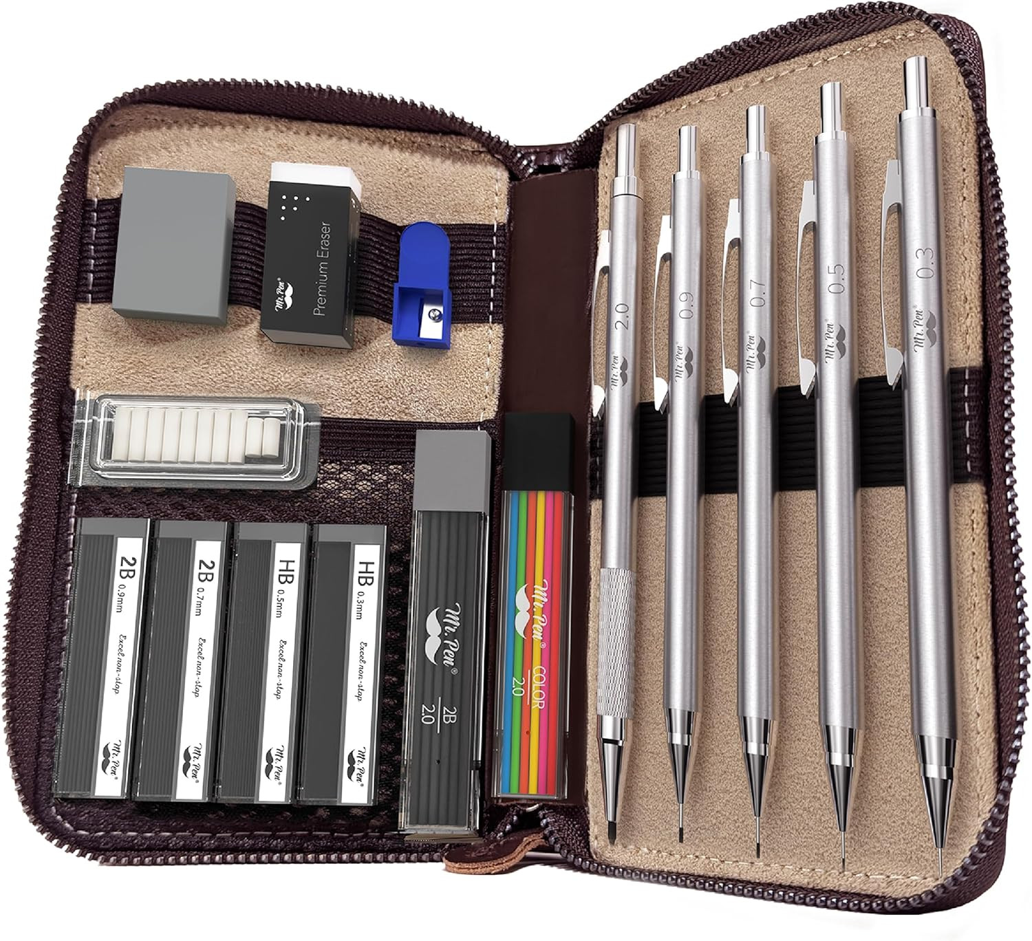 Mr. Pen- Metal Mechanical Pencil Set in Leather Case, 5 Sizes, 0.3, 0.5, 0.7, 0.