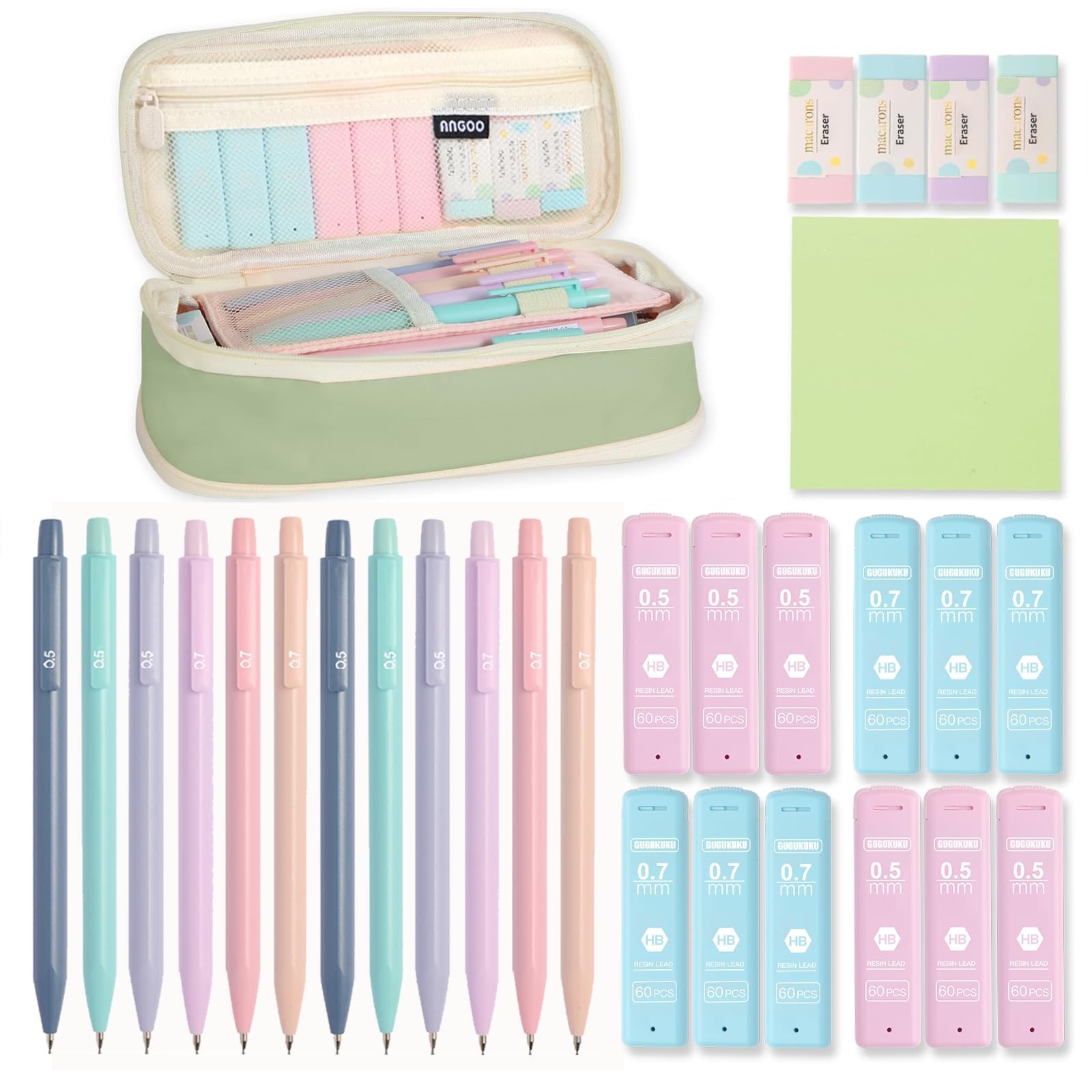 Aesthetic School Supply Pencil Case 12 Pastel Pencils 0.5/0.7mm Green Set