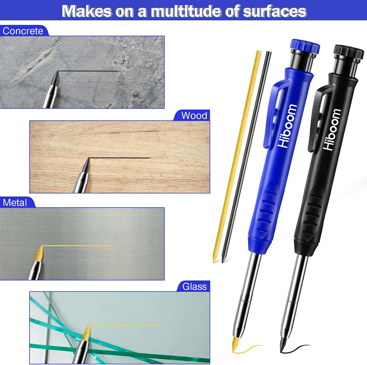 2 Pack Solid Carpenter Pencil with 14 Refill, Long Nosed Deep Hole