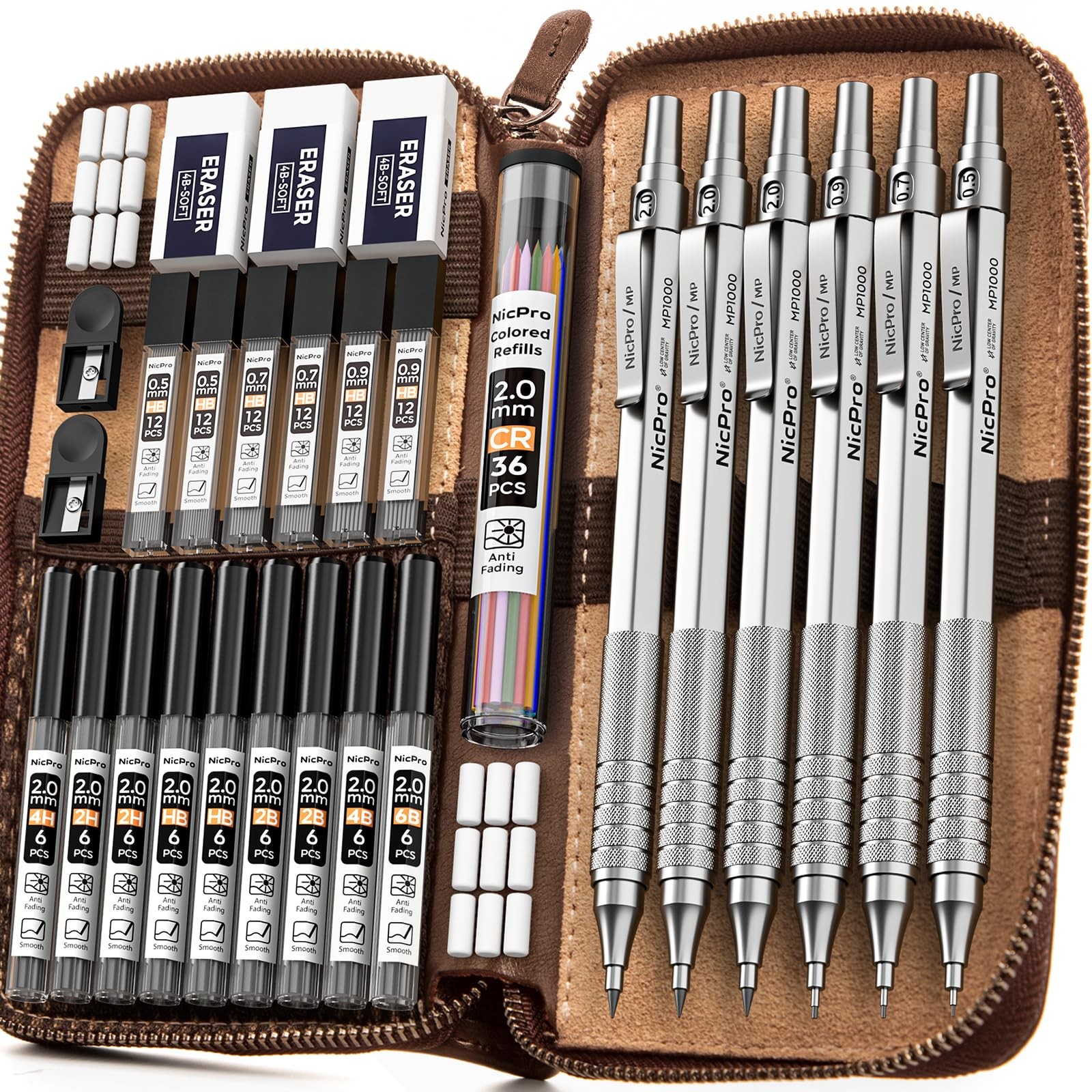 30PCS Silver Metal Mechanical Pencils Set in Leather Case, Art Drafting Penci…