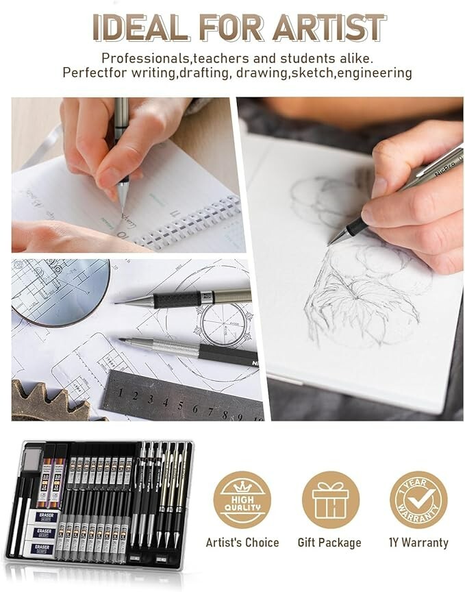 35PCS Art Mechanical Pencils Set, 3 PCS Metal Drafting Pencil 0.5 mm & 0.7 mm &
