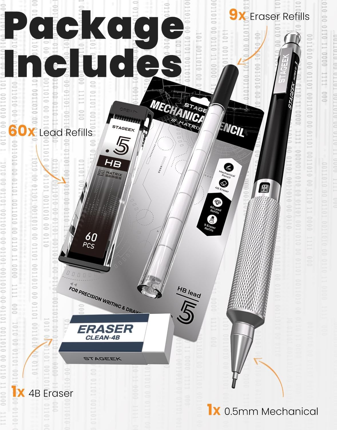 STAGEEK 0.5Mm Mechanical Pencil, Metal Art & Drafting Pencil with Eraser and 60
