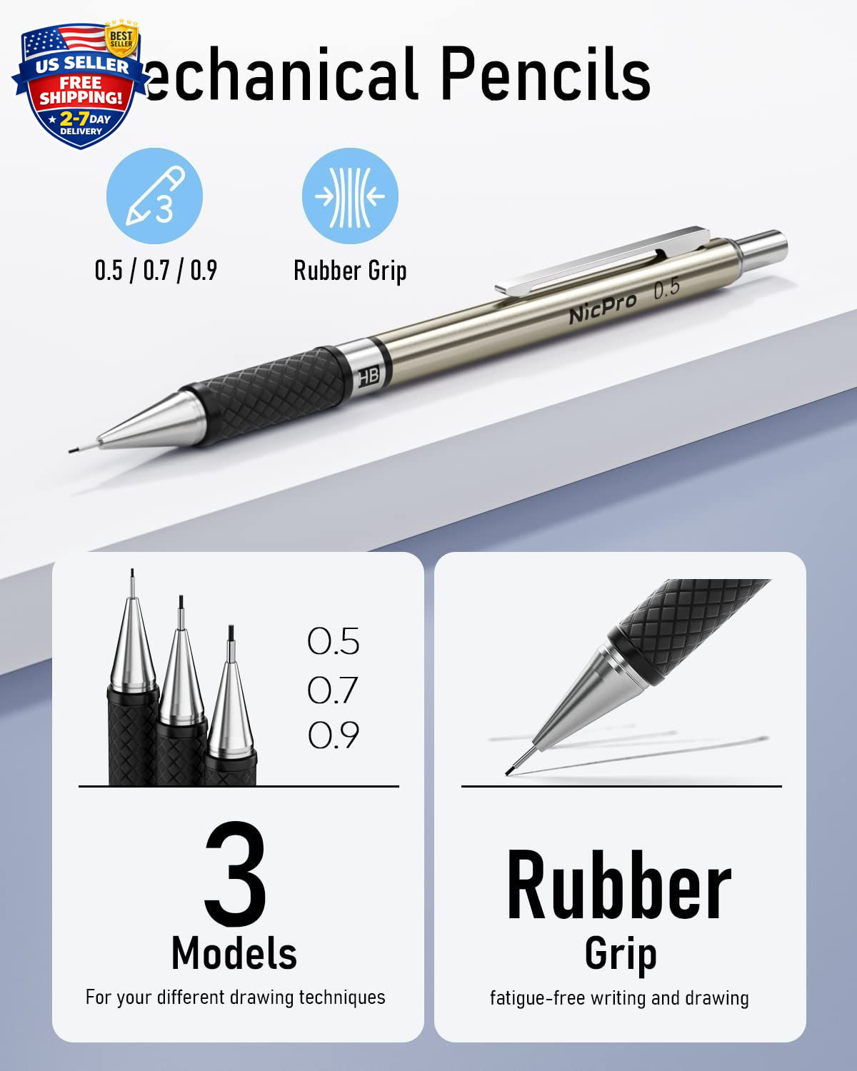 6PCS Art Mechanical Pencil Set, 3PCS Metal Drafting Pencil 0.5 mm & 0.7 mm & 0.9