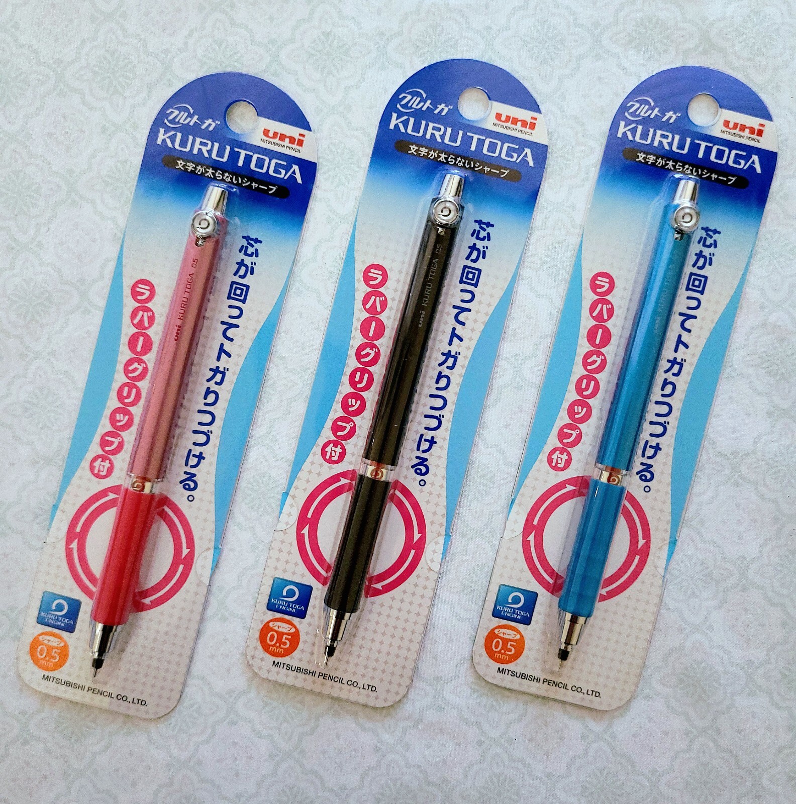 uni-ball Kuru Toga Rubber Grip Mechanical Pencil 0.5mm 3-color set pack