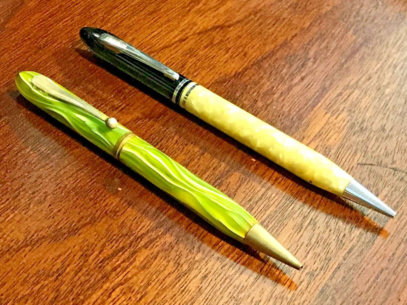 2 OLD MECHANICAL PENCILS ~ GREEN CELLULOID & 2-TONE OSBORNE ~ Estate Finds
