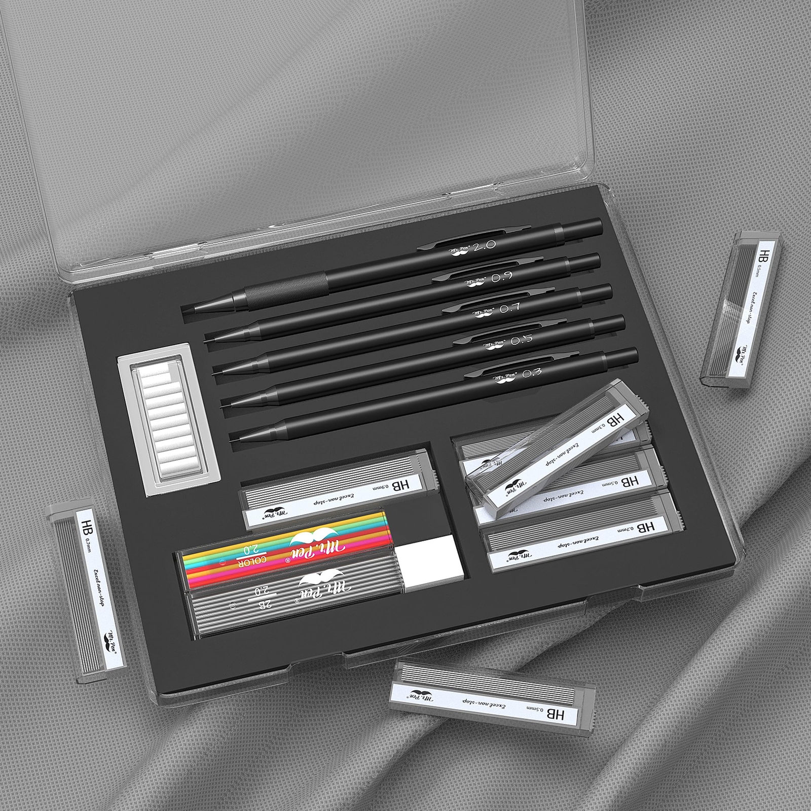 – Metal Mechanical Pencil Set with Lead and Eraser Refills 5 Sizes Black 0.3