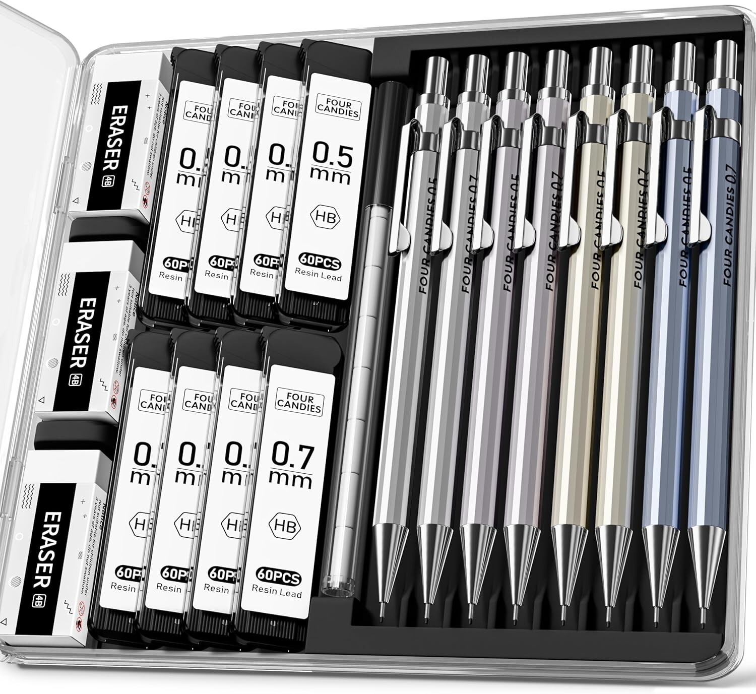8PCS Metal Mechanical Pencils Set with HB Lead Refills & Erasers – All-in-One