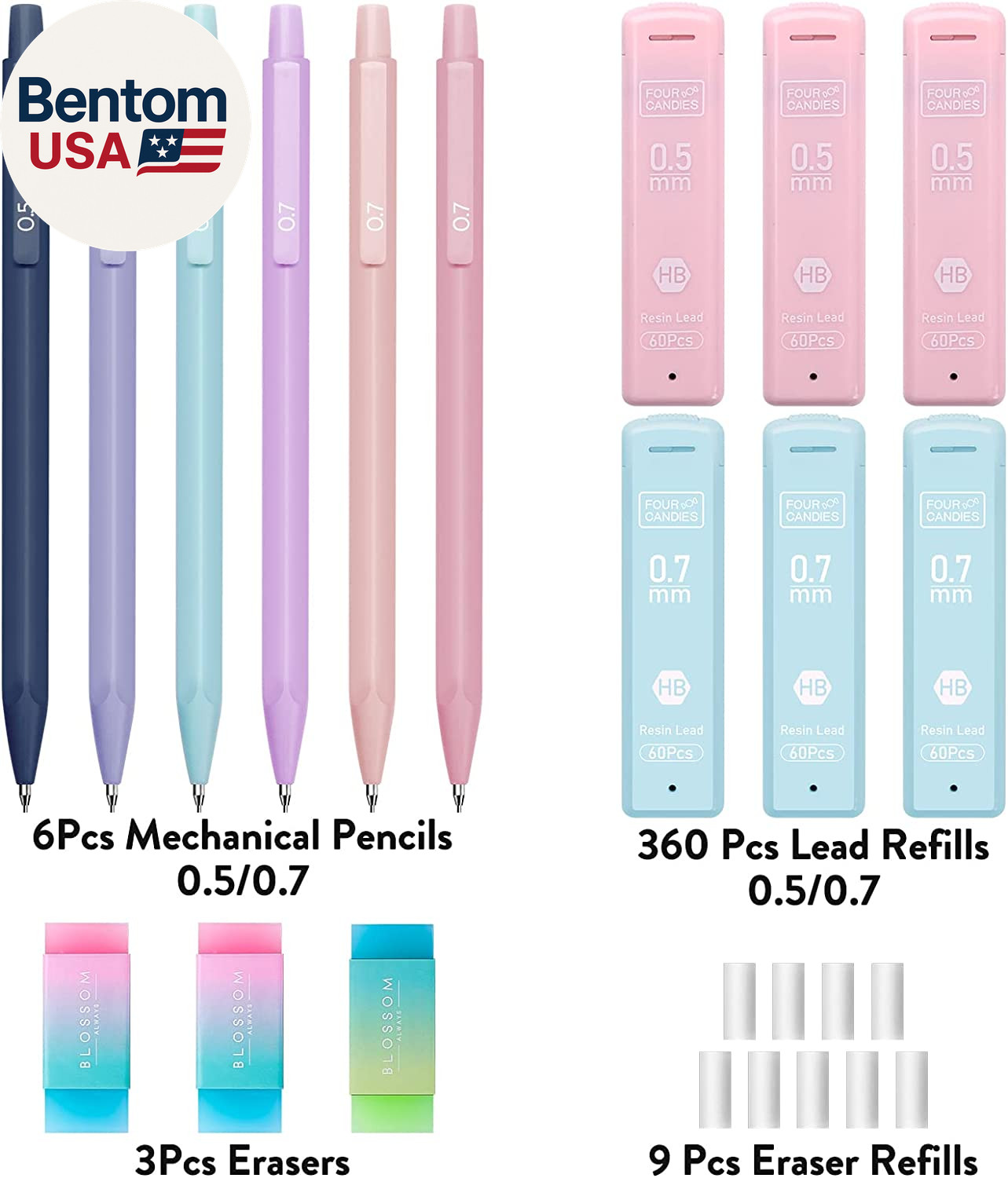 Cute Mechanical Pencil Set, 6PCS Pastel Mechanical Pencils 0.5 & 0.7Mm with 360P