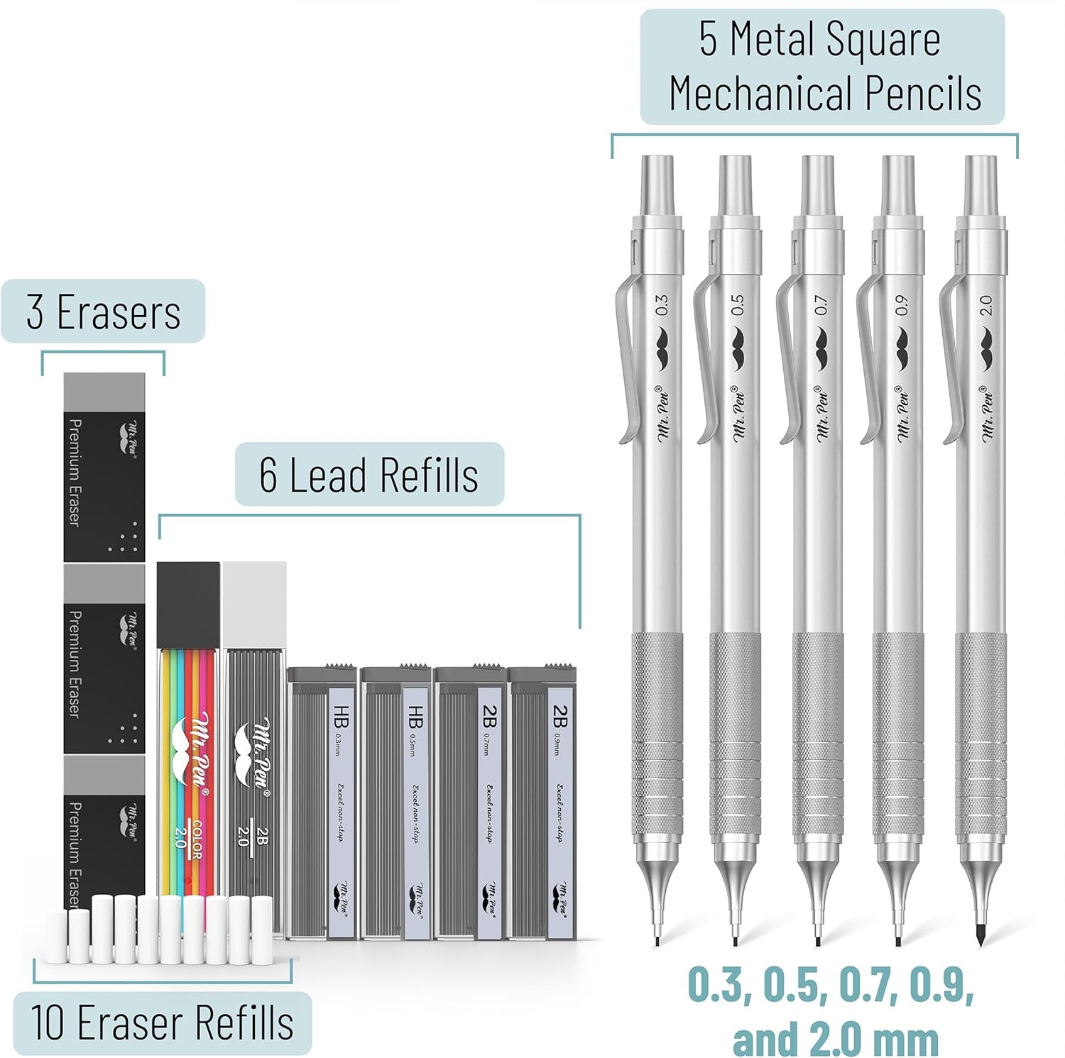 – Metal Mechanical Pencil Set, 5 Sizes, 0.3, 0.5, 0.7, 0.9, 2Mm, Mechanical Penc