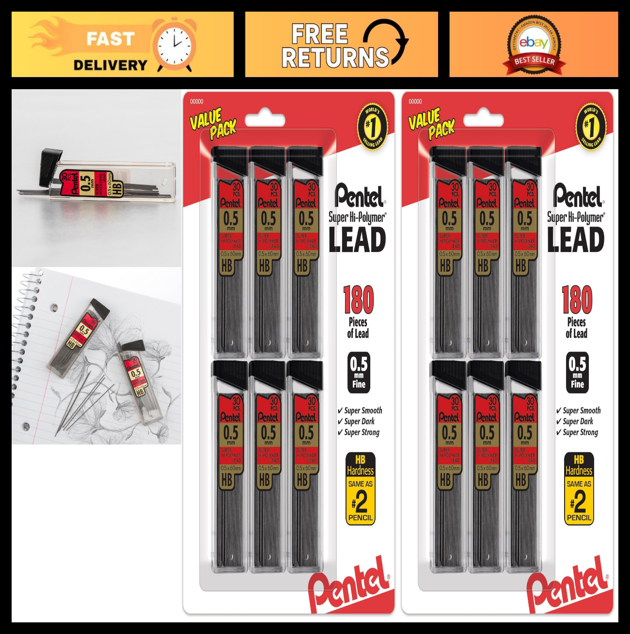 0.5mm Fine Lead Refills, HB, 180 Pieces – 2 Pack Super Hi-Polymer Pencil Leads
